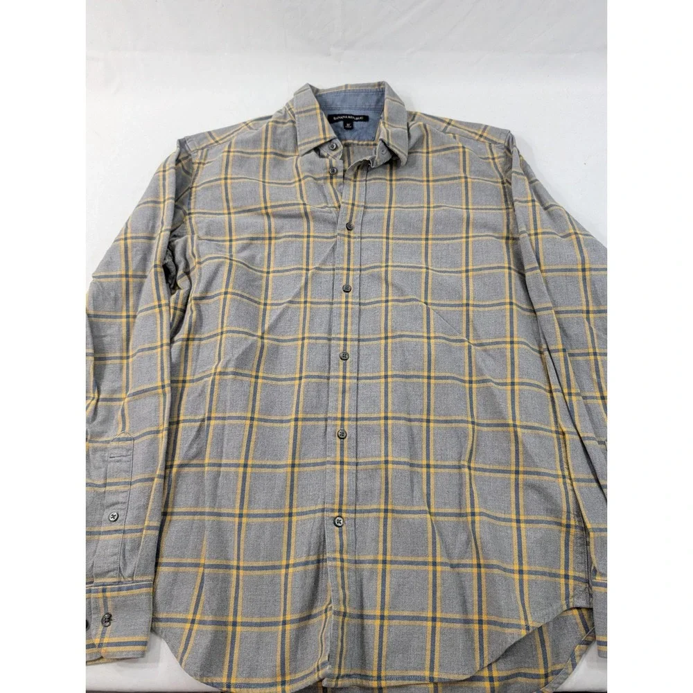 Banana Republic Shirt Mens Medium Gold Blue Gray Plaid Cotton Long Sleeve